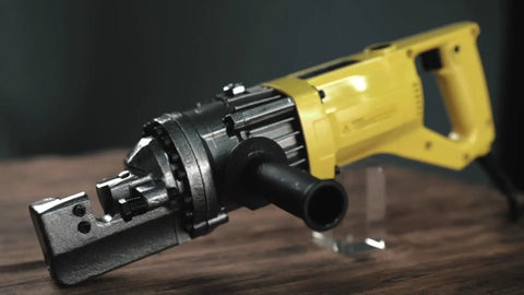 Portable Electric Hydraulic Rebar Cutter RC-16 With 5/8 Inch Capacity, showcasing steel cutting tool with yellow and silver design.