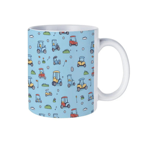 Heavy Duty Ceramic Travel Coffee Mug Featuring A Stylish Golf Cart Design Perfect For Grabbing Your Daily Grind In The Kitchen Or Office Solid Build Tea Cup For Smooth Sips. Blue mug with colorful golf cart design.