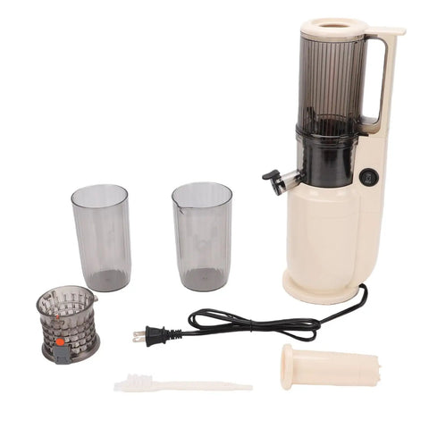 Onythral Compact Electric Cold Press Juicer With 3.15 Inch Wide Mouth, two cups, cleaning brush, and accessories for easy masticating.