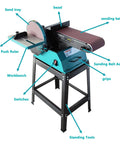 Heavy Hitter Belt Disc Sander With Stand Adjustable Angle Bench Grinder 1200W Motor No Sweat For Wood Metal Aluminum with labeled parts.