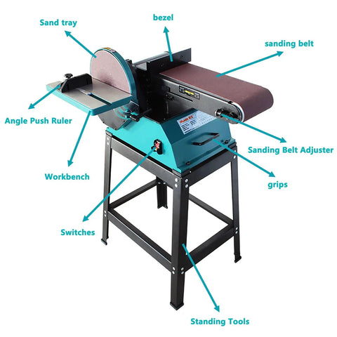 Heavy Hitter Belt Disc Sander With Stand Adjustable Angle Bench Grinder 1200W Motor No Sweat For Wood Metal Aluminum with labeled parts.