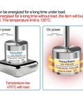 24V Suction Cup Electromagnet Lock with steel base and indicator for heating, labeled specifications, and usage warnings.