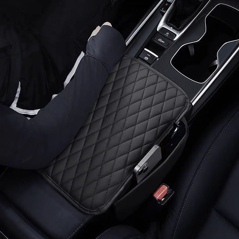 Center Console Cover With 2 Storage Bags In Premium Nappa Leather on car armrest, black, quilted design, waterproof, scratch resistant.
