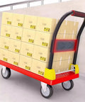 Heavy Duty Folding Flatbed Cart With Precision Rollers, Portable Hand Pulled Dolly For Garage And Job Site Cargo Hauling, loaded with boxes.