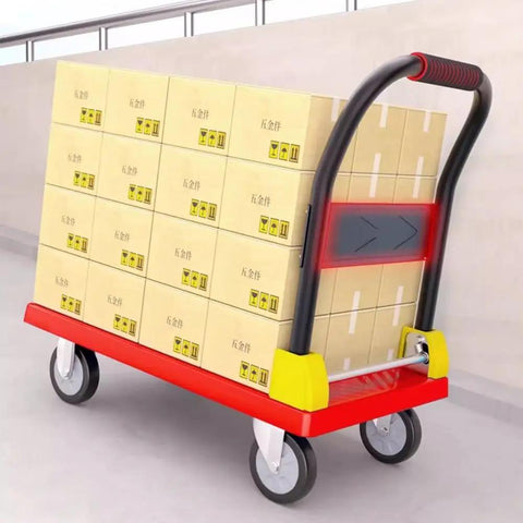 Heavy Duty Folding Flatbed Cart With Precision Rollers, Portable Hand Pulled Dolly For Garage And Job Site Cargo Hauling, loaded with boxes.