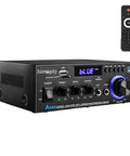 Beefy 800W 2 Channel Bluetooth 5.0 Power Amplifier System with FM Radio, USB, SD Card, and remote control for home theater and parties.