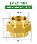 Heavy Duty Brass Union Fitting 1-1/2 Inch NPT Female To 1-1/2 Inch NPT Female Pipe Connector shown with dimensions