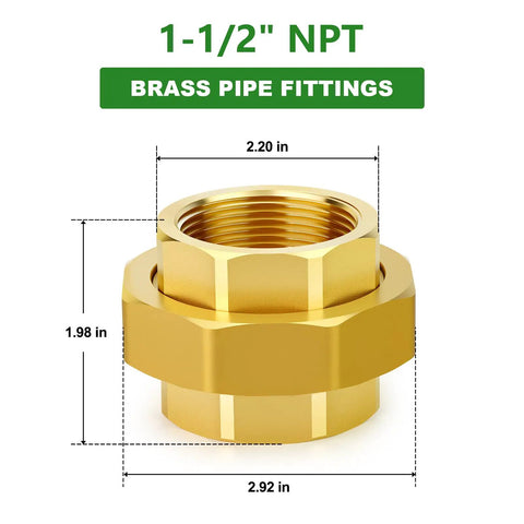 Heavy Duty Brass Union Fitting 1-1/2 Inch NPT Female To 1-1/2 Inch NPT Female Pipe Connector shown with dimensions