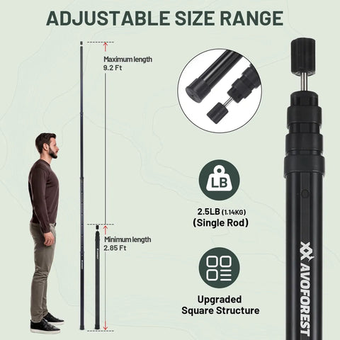 Heavy Duty Adjustable Tarp Poles, 9.2ft Aviation Aluminum Telescoping Tent Poles with size range diagram and details