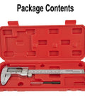 Digital Vernier Caliper 150mm Metric Inch Switch(without) in red protective case, includes stainless steel caliper and tools.