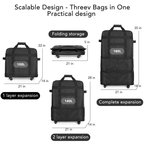Amazon black luggage set with spinner wheels; expandable, collapsible travel bags in 100L, 140L, and 180L.