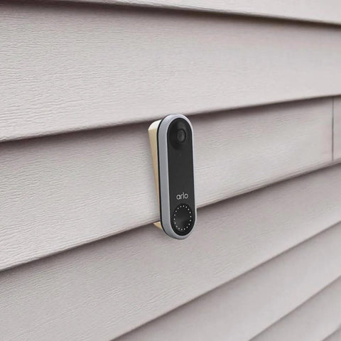 Installed Arlo wired doorbell with Angled 4 Inch Siding Mount Kit For Arlo Wired Video Doorbell Cedar Siding Aluminum Vinyl Hardi Board Wedge Design For Wired Arlo Doorbell No Brainer Install Weatherproof Camera Mount Not For WiFi Version on vinyl siding.