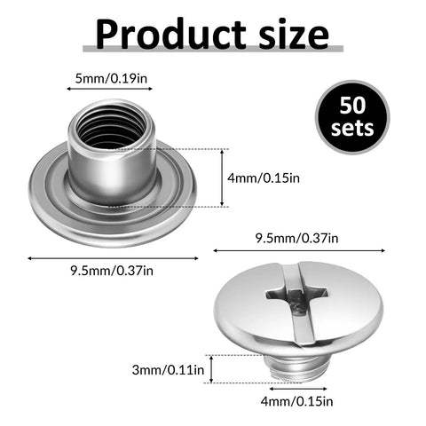 Hardcore Stainless Steel Chicago Screw Rivets Kit With Phillips Heads And 50 Pack Of Beefy Reusable Fasteners For Leatherwork and Belt Mods and Bookbinding Jobs That Hit Different product size diagram with measurements.