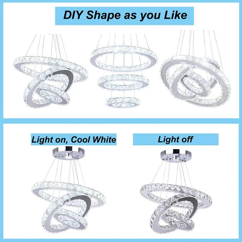 Modern LED Crystal Chandelier With 3 Ring Pendant Lights Adjustable Stainless Steel Ceiling Fixture with rings in DIY shapes