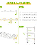 Assembly steps for Hydroponics Growing System with wheels, showing PVC pipes, connectors, and finished 3-tier vertical garden frame.