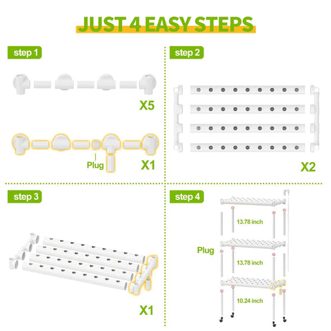 Assembly steps for Hydroponics Growing System with wheels, showing PVC pipes, connectors, and finished 3-tier vertical garden frame.