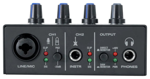 Front panel of Mini 2x2 USB Audio Interface With 24 Bit 192kHz Conversion Plug And Play Ready Phantom Power Bus Powered