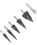 Premium 5 Piece Step Drill Bit Set With M35 Cobalt Steel And Four Spiral Flutes, Includes 1/4 Inch Shank Tool For Cutting Stainless Steel And Hard Metals Like A Boss In No Time Flat. five step drill bits and one countersink bit on white background