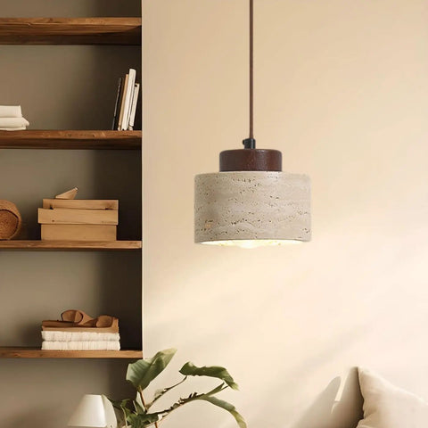 Modern Mini Pendant Light, Travertine Stone Light Fixture with Wooden Accent above a cozy shelf and couch setting.