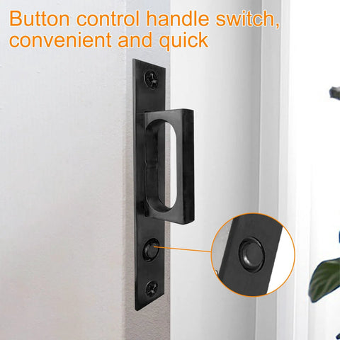 Pocket Door Edge Pull Sliding Door Handle With Embedded Hidden Pocket Design Black showing button control on wall.