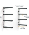Heavy Duty Four Tier Lumber Storage Rack For Garage And Workshop Space Saving Metal Board Shelf For Plywood Pipes And Building Materials White Gray, 24.5" height, 110 lb capacity per shelf.