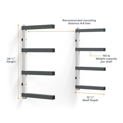 Heavy Duty Four Tier Lumber Storage Rack For Garage And Workshop Space Saving Metal Board Shelf For Plywood Pipes And Building Materials White Gray, 24.5" height, 110 lb capacity per shelf.