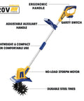 Cordless Garden Tiller Cultivator With 20V Battery featuring ergonomic handle, adjustable auxiliary handle, and durable steel tines.