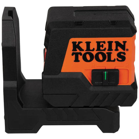 Side view of Self Leveling Laser Level With Bright Green Cross Lines, Tiny And Handy Mini Tool For Quick Leveling, Horizontal And Vertical Alignment For Home Or Jobsite, Class 2 Safety, Lightweight Design, Projects Up To 50 Feet showing brand logo and control panel