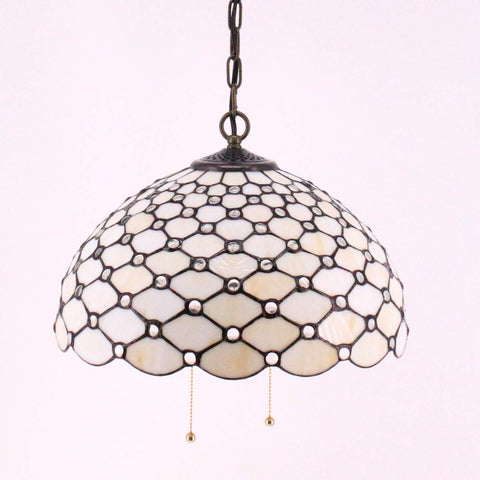 Tiffany Pendant Light Fixture Cream Amber Bead Stained Glass 16 Inch Wide Hanging Lamp With Antique Bronze Finish, 40 Inch Height