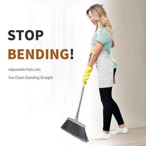 Woman using Adjustable 55 Inch Outdoor Broom For Pet Hair Removal And Heavy Duty Floor Cleaning Indoors And Outdoors A Real Workhorse For Garage