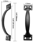 Side and front view of 20 Pcs 4 Inch Metal Bow Door Handles Large Vintage Style Door Pulls in matte black iron with dimensions.