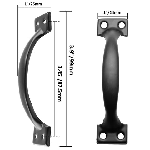 Side and front view of 20 Pcs 4 Inch Metal Bow Door Handles Large Vintage Style Door Pulls in matte black iron with dimensions.