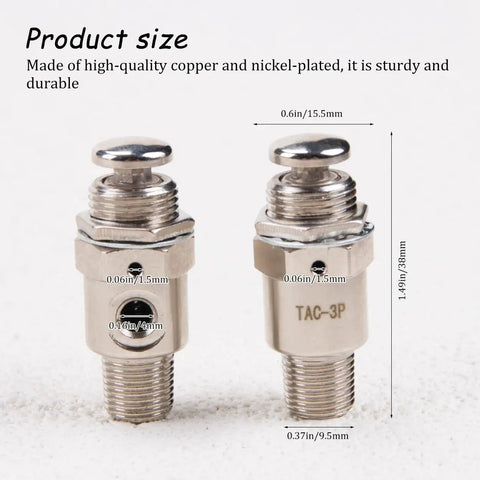 Tac-3P Pneumatic Valve With Push Button Switch, compact metal design, M5x0.8 connection, dimensions and nickel-plated finish
