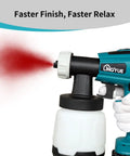 Cordless HVLP Paint Sprayer Kit with 18V battery in action showing red paint spray, 3 copper nozzles and 3 spray patterns