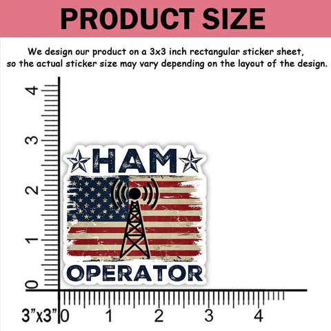 3x3 inch Ham Operator vinyl sticker featuring American flag design, part of Ten Dope Ham Radio Sticker Pack With Funny Ops Sayings Vinyl Weatherproof Decals For Laptops Water Bottles Notebooks And Gear For Ham Enthusiasts Amateur Radio Club Members Keepsake.