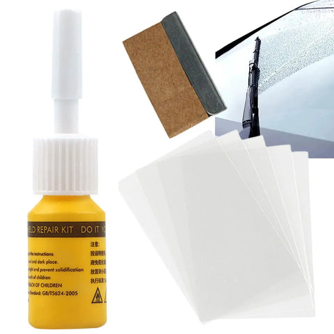 Glass Nano Repair Fluid Windshield Kit For Small Chips And Cracks, Easy Quick Fix With Resin System, bottle and repair tools.