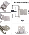Three Eighths Inch Inset Cabinet Hinges Brushed Nickel Self-Closing Offset Hinges with dimensional details, satin nickel finish