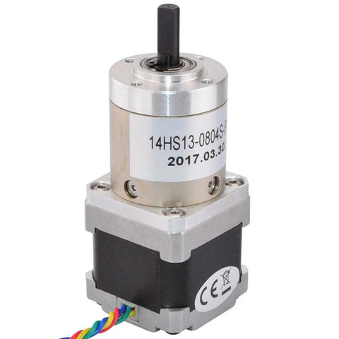 Geared NEMA 14 stepper motor with planetary gearbox; silver gearbox atop a black motor housing with multicolor wires