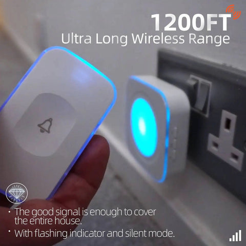 Dope Long Range Wireless Doorbell Kit With 1200 Feet Reach showing front view of touch button and wall receiver with LED light, white