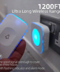 Wireless Doorbell For Home With Hearing Impaired Friendly Design, hand holding button, receiver plugged, blue light indicator