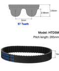 HTD-5M Timing Belt Set For High Torque Drive Beefed Up Rubber Neoprene Belt With 57 Teeth, 285mm Pitch, 15mm Wide, 3.6mm Thick, Closed Loop Pulley, No Slip Power Transfer, 3 Piece Pack. 57-tooth 15mm HTD5M neoprene timing belt, 285mm pitch, closed loop