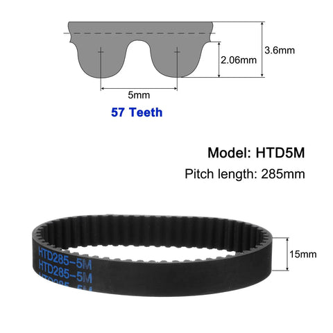 HTD-5M Timing Belt Set For High Torque Drive Beefed Up Rubber Neoprene Belt With 57 Teeth, 285mm Pitch, 15mm Wide, 3.6mm Thick, Closed Loop Pulley, No Slip Power Transfer, 3 Piece Pack. 57-tooth 15mm HTD5M neoprene timing belt, 285mm pitch, closed loop