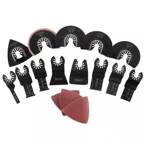 16 Piece Oscillating Multi Tool Blade Kit For Wood Metal Plastic Tile Grout Fiberglass Pro Grade Blades That Fit Most Tools Without Adapters Durable Replacement Set For Quick Home Repairs arranged in a semi-circle