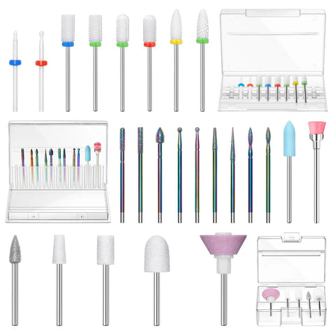 24 Piece Nail Drill Bit Set for Acrylic Gel Nails Pro Grade Kit with ceramic and diamond carbide bits in dust-proof boxes
