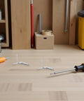 Workshop scene with two 20Pcs 92 Degree Quadrant Lid Hinges 31x36mm near screwdrivers, showcasing heavy-duty DIY toolbox setup.