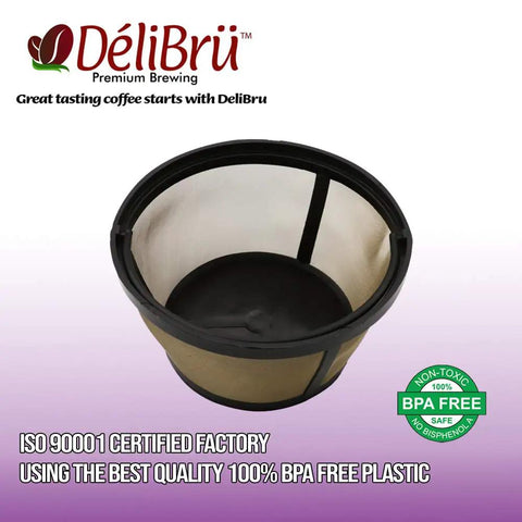 Gold Toned Reusable Coffee Filter Basket For 8 To 12 Cup Brewers Permanent Cone Style BPA Free Fits Mr Coffee