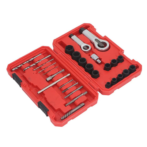FTVOGUE 28Pc Cr Molybdenum Screw Extractor Kit With Hammer Drill Bits Removes Broken Bolts And Rusty Nuts Fast For Home Garage Auto Repair Pros, red case open