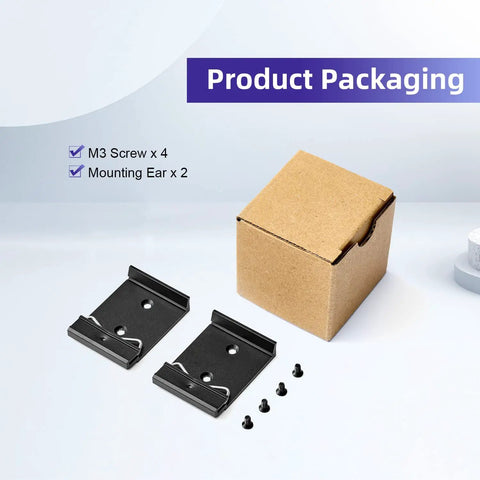 Product packaging showing DIN Rail Mount Clip 42mm Wide Universal Bracket Clamp For Switches And Injectors 2 Pack with screws