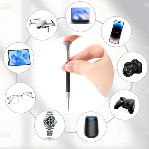 Pro Grade All In One Watch Repair Screwdriver Set With 9 Precision Slotted And Phillips Bits shown with various compatible devices