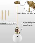 Mid Century Brushed Brass Globe Pendant Light With Milk Glass Shade for kitchen island, modern gold fixture, adjustable rod